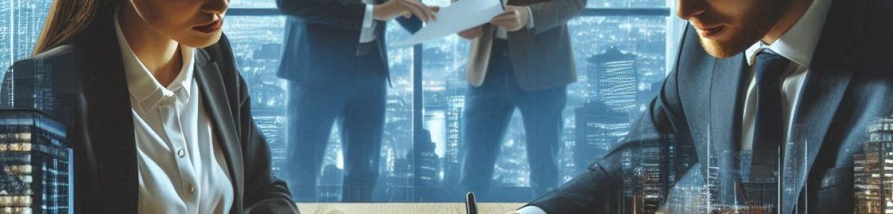 2 persone che firmano un contratto in un ufficio con grattacieli e luci sullo sfondo, risoluzione 1440 x 961